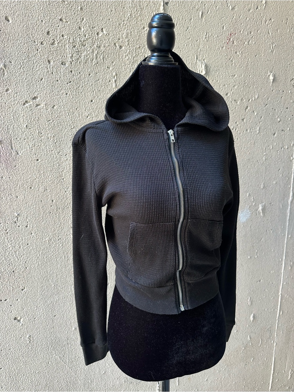 Ardene Black Waffle-Knit Hooded Zip Sweatshirt